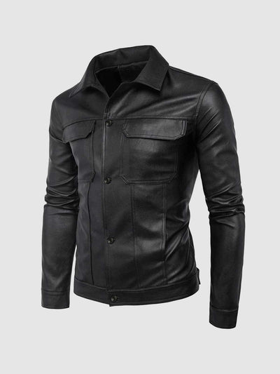 Men's Black Collared Leather Jacket