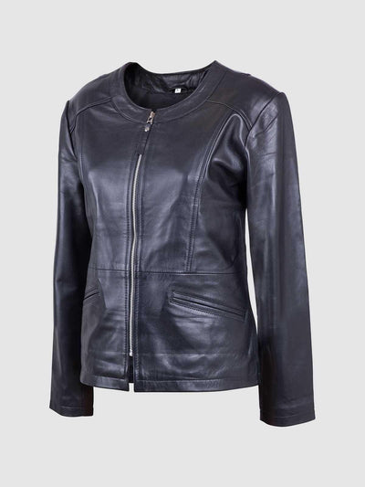 Ladies Collarless Leather Biker Jacket