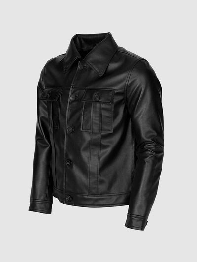 Men Black Leather Jacket with Folded Collar