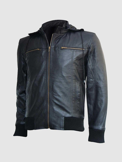 Men Black Leather Hooded Bomber Jacket