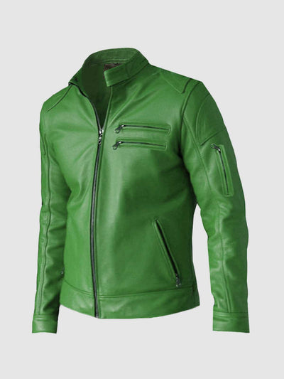 Regular Fit Part Wear Men Green Leather Jacket