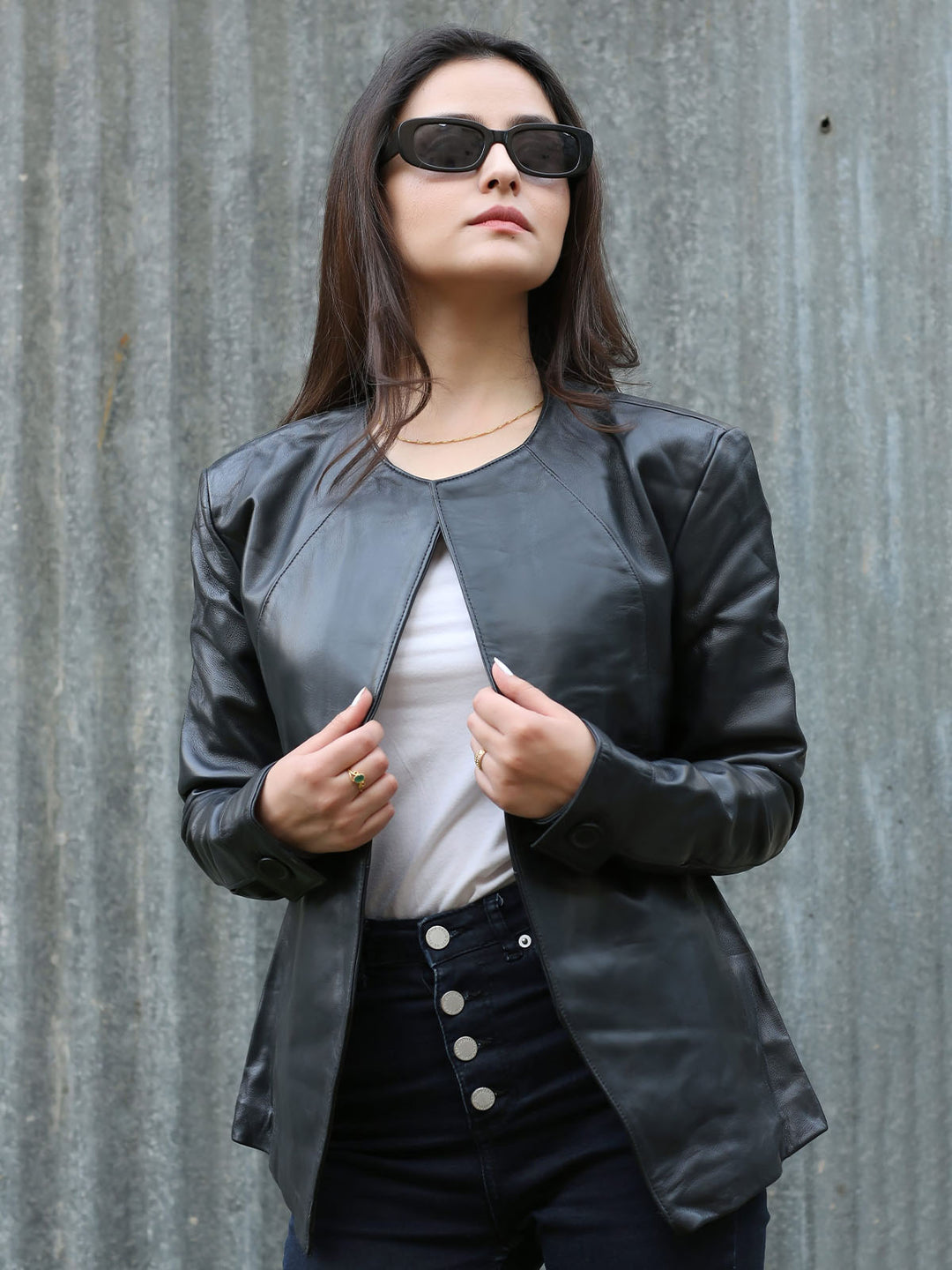Women Open Front Collarless Jacket | Leather Jacket Shop