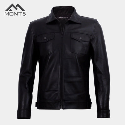 Diran Men Black Classic Leather Jacket with Shirt Collar