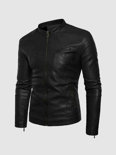 Small Collar Men's Black Leather Jacket