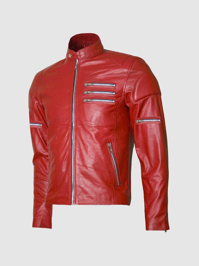 Classic Zipper Style Red Leather Jacket Men