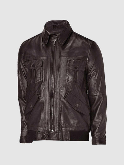 Flapper Style Brown Leather Bomber Jacket Men