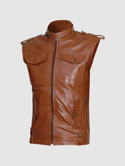 Flapper Style Men Tan Sleeveless Leather Jacket