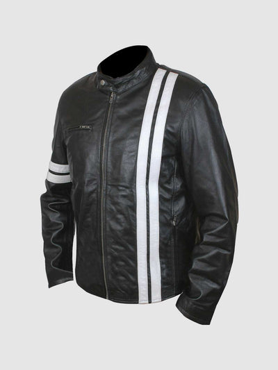 Men's Black Leather Jacket with White Stripes