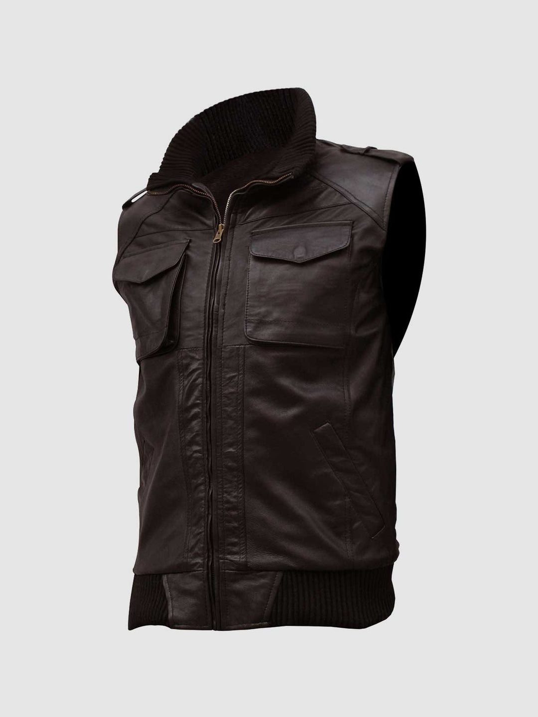 Men's Brown Bomber Leather Vest Leather Jacket Shop