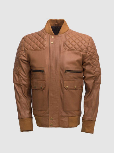 Men Tan Bomber Leather Quilted Jacket - Abbronzatura