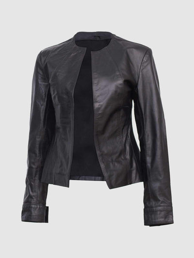 Women Black Open Front Leather Collarless Jacket