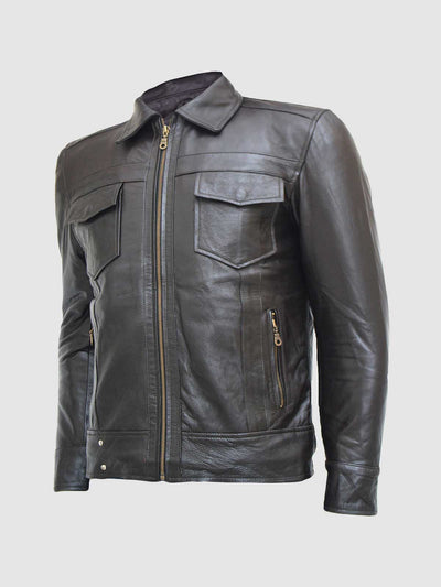 Classic Men's Zipper Brown Leather Jacket