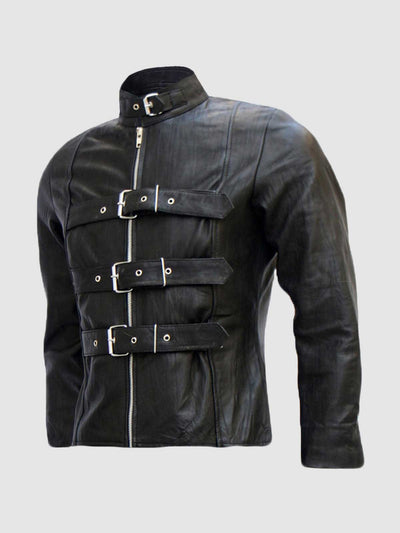 Trench Look Belted Men's Black Leather Jacket