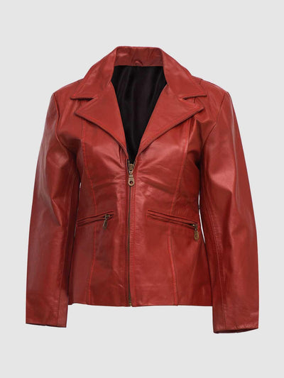 Women Red Leather Coat with Zip Closure