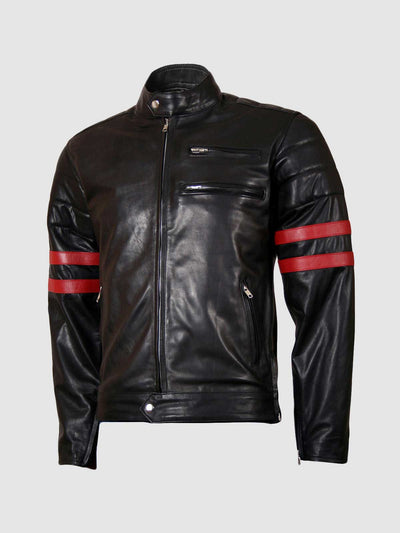 Men's Leather Biker Jacket with Red Stripes